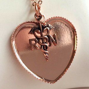 Rose Gold RN Caduceus Necklace 19" Nurse Nursing Graduation Gift Heart Plated